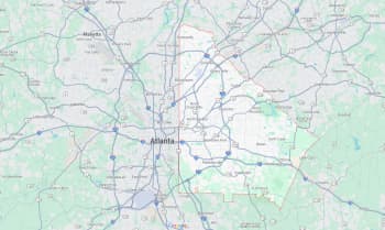 Google Maps static image with outline of DeKalb County, GA.